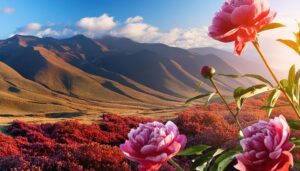 芍薬と丘の風景