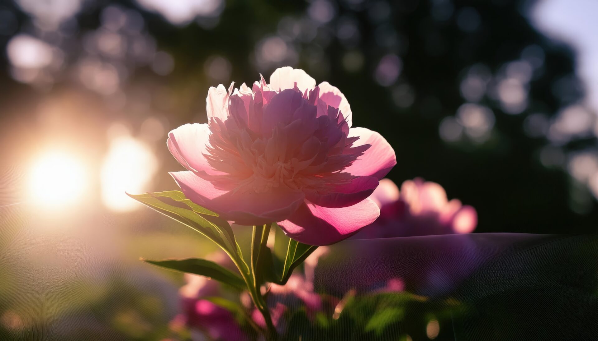 クローズアップの芍薬と夕日