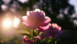 クローズアップの芍薬と夕日