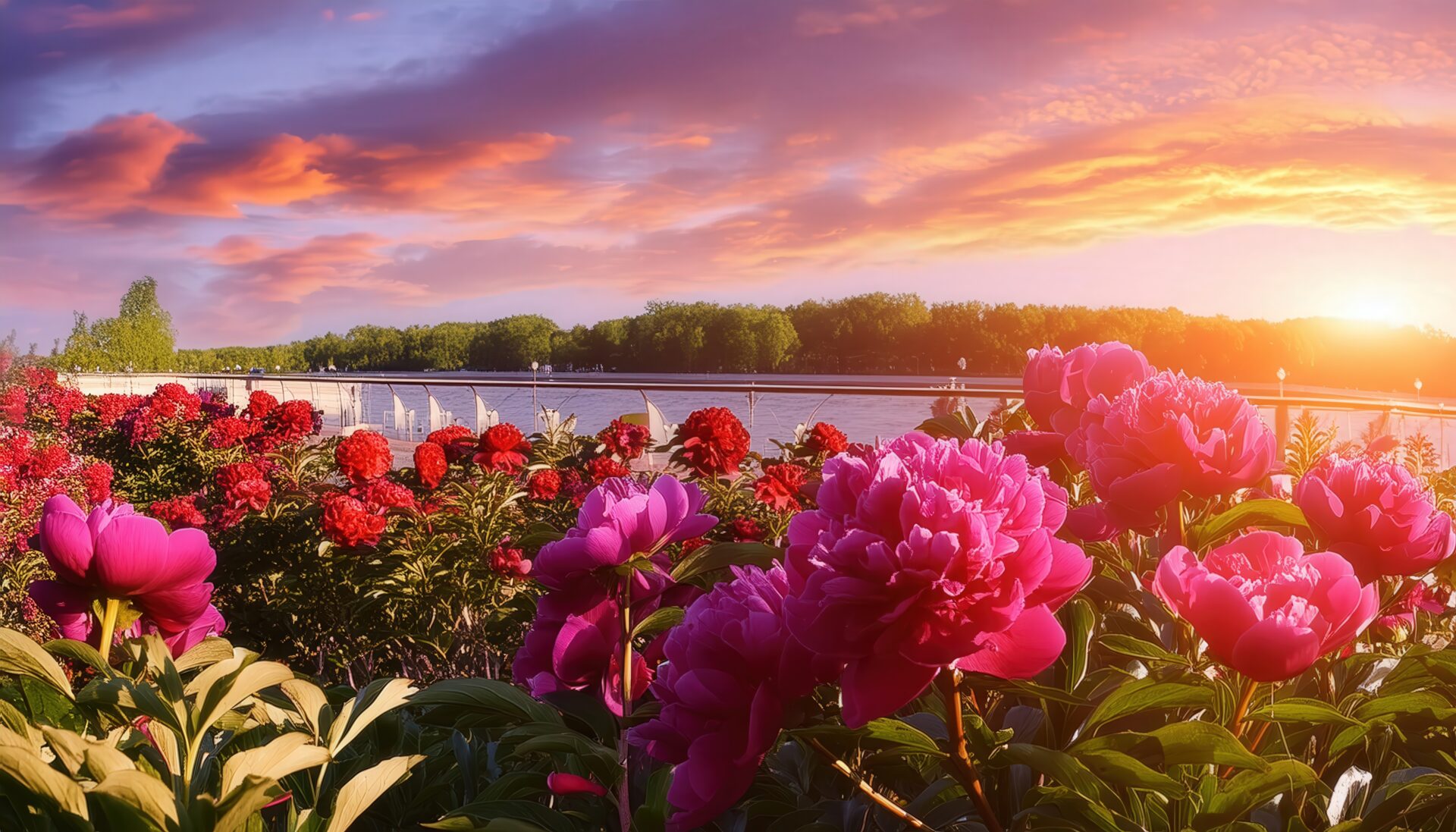 芍薬と湖畔の夕景