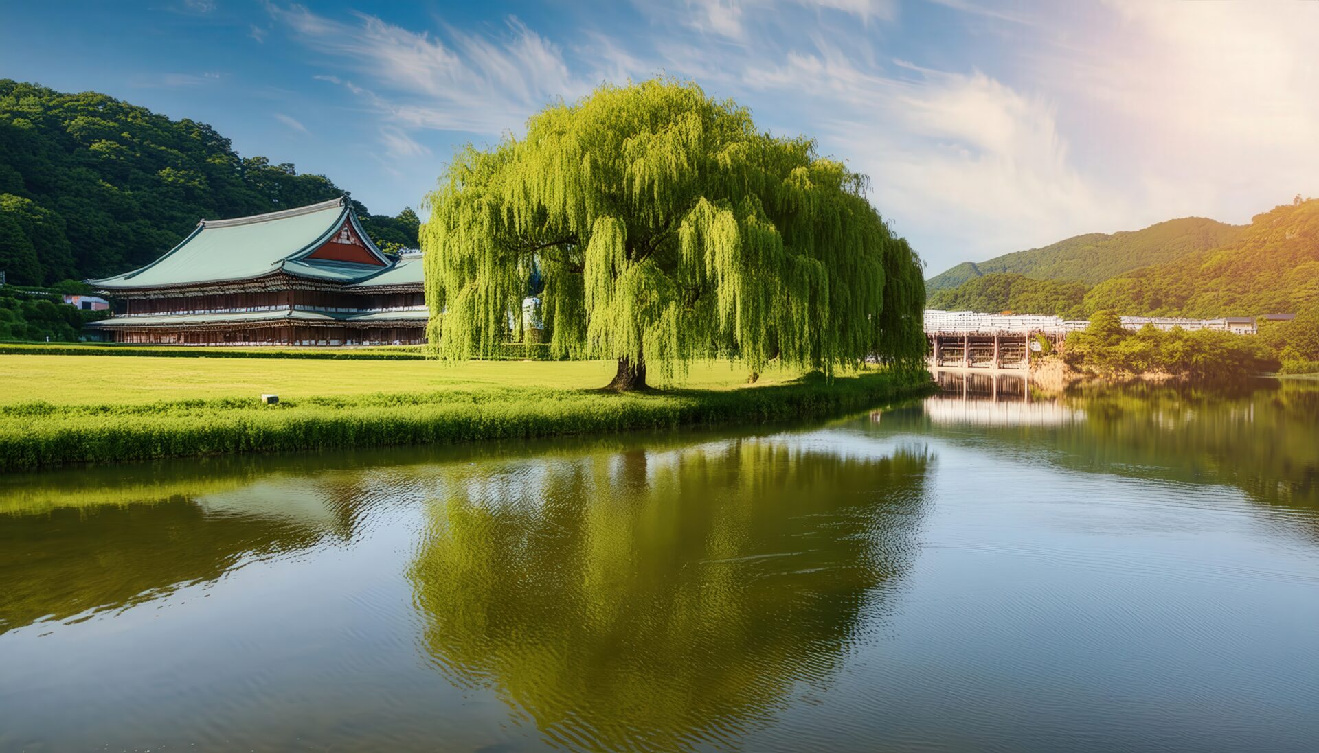 日本庭園と柳の木
