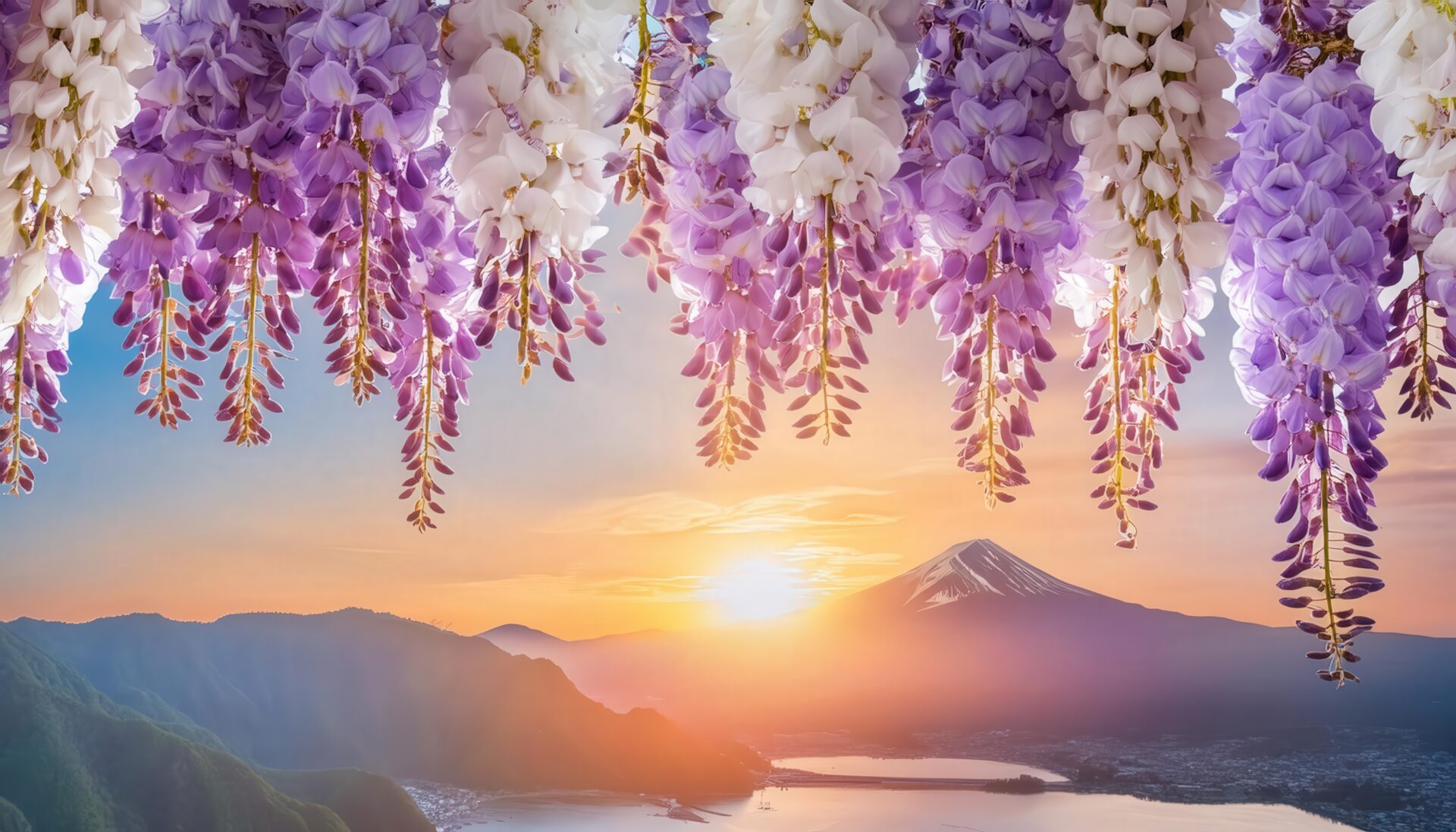 藤と富士山の夕景