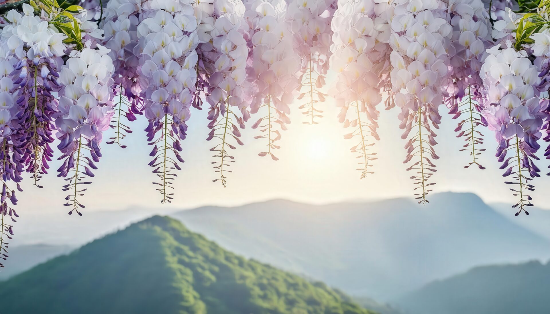 藤棚と山の朝日