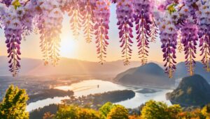 藤棚と川のある山景色