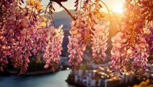 藤の花と街の夕焼け