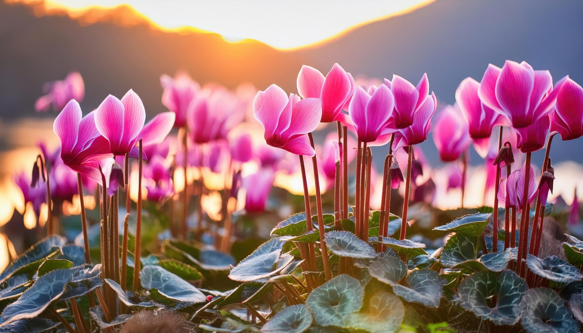 群生するシクラメンと夕日