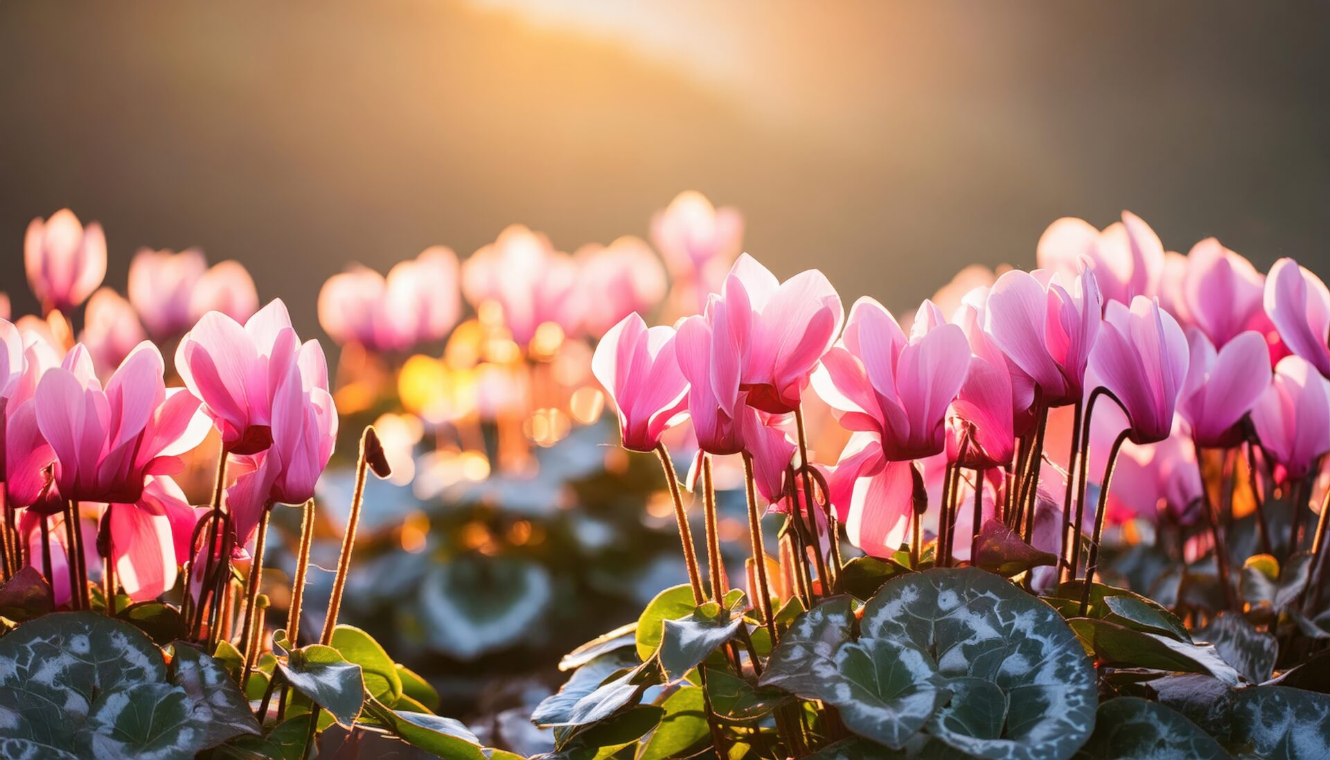 シクラメンと朝日が差す風景