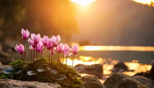 群生するシクラメンと夕日