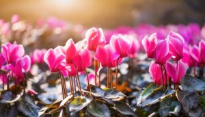 シクラメンと朝日が差す風景