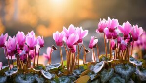 朝日に照らされるシクラメン