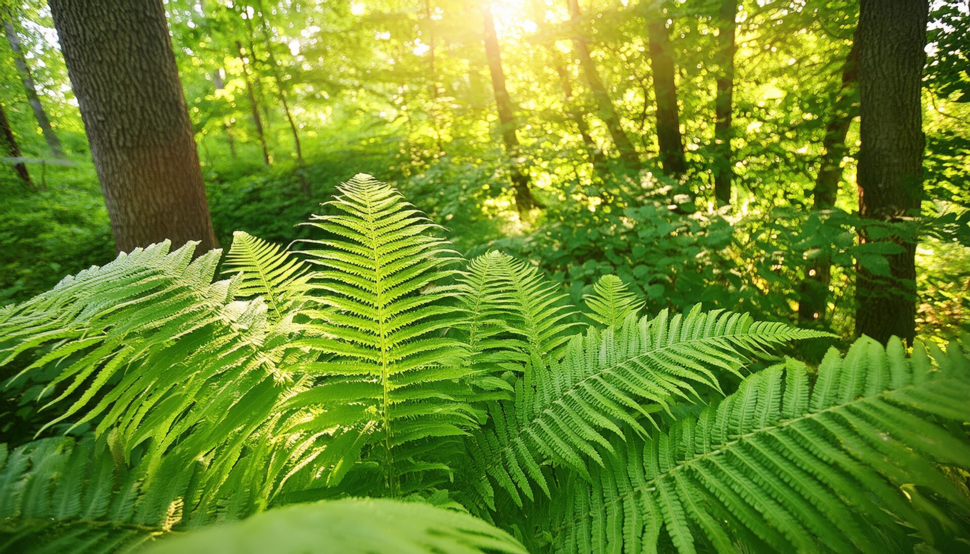 木漏れ日の森とシダ