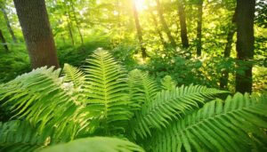 木漏れ日の森とシダ