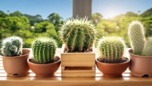 並んだ鉢植えのサボテン