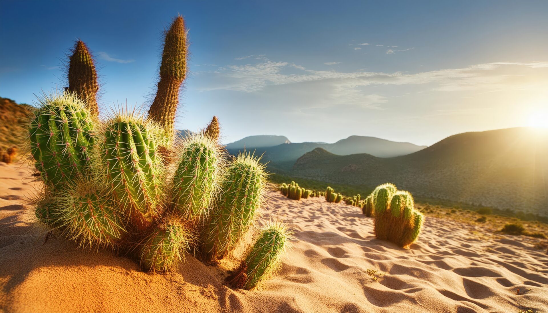 砂丘のサボテンと夕日