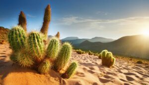 砂丘のサボテンと夕日