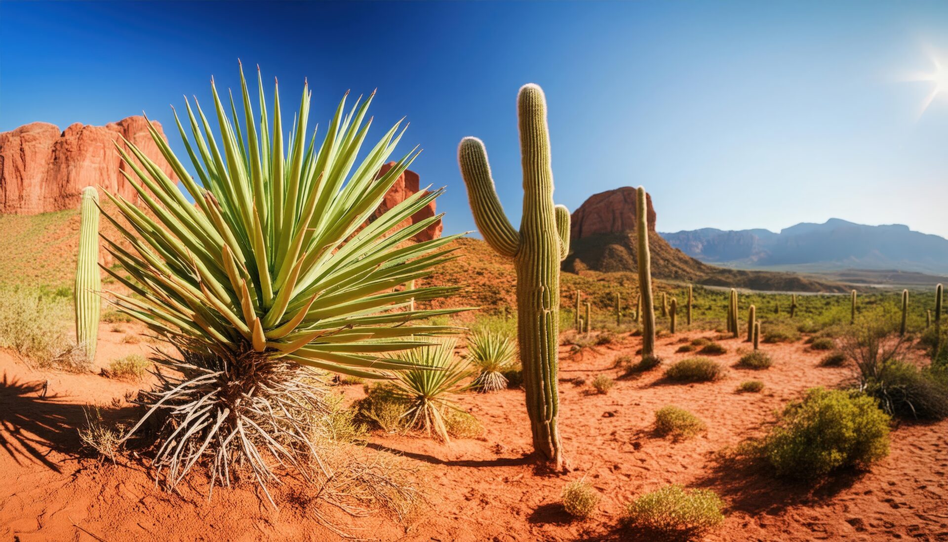 砂漠のサボテンとユッカ