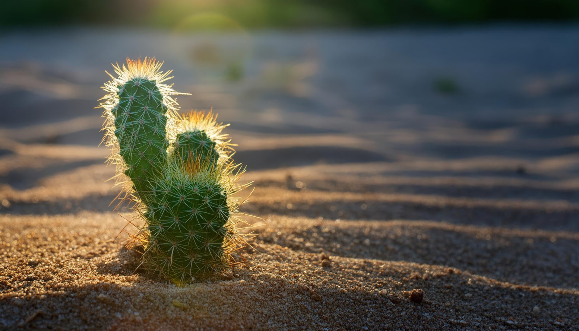 夕暮れの砂漠に咲くサボテン