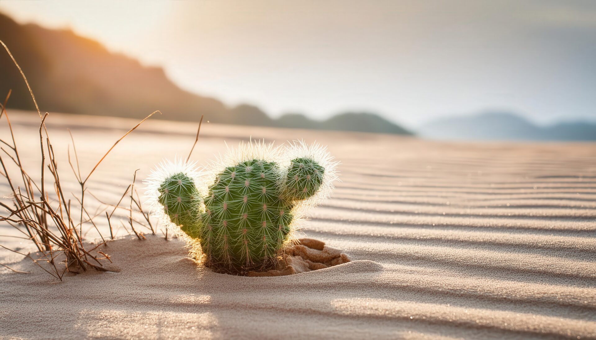 朝日に照らされるサボテン