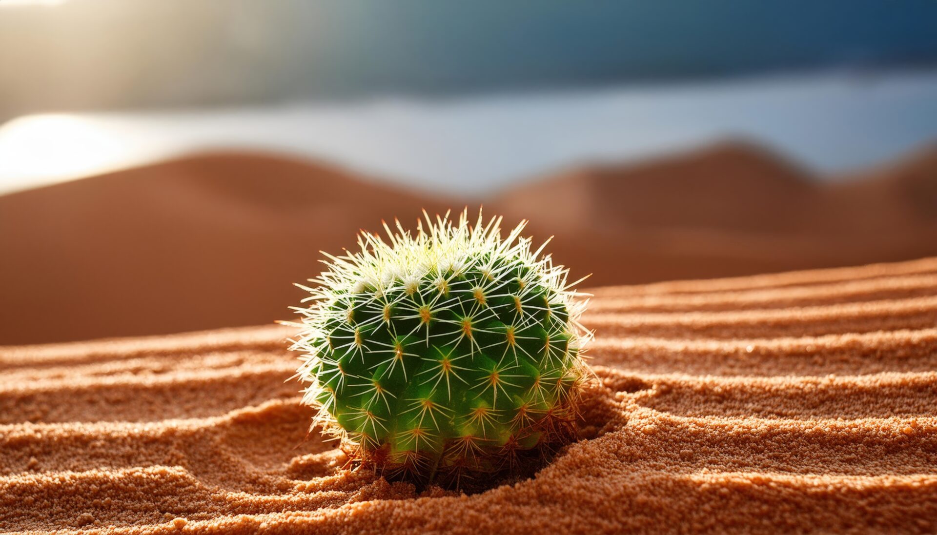 朝日に輝く砂漠のサボテン