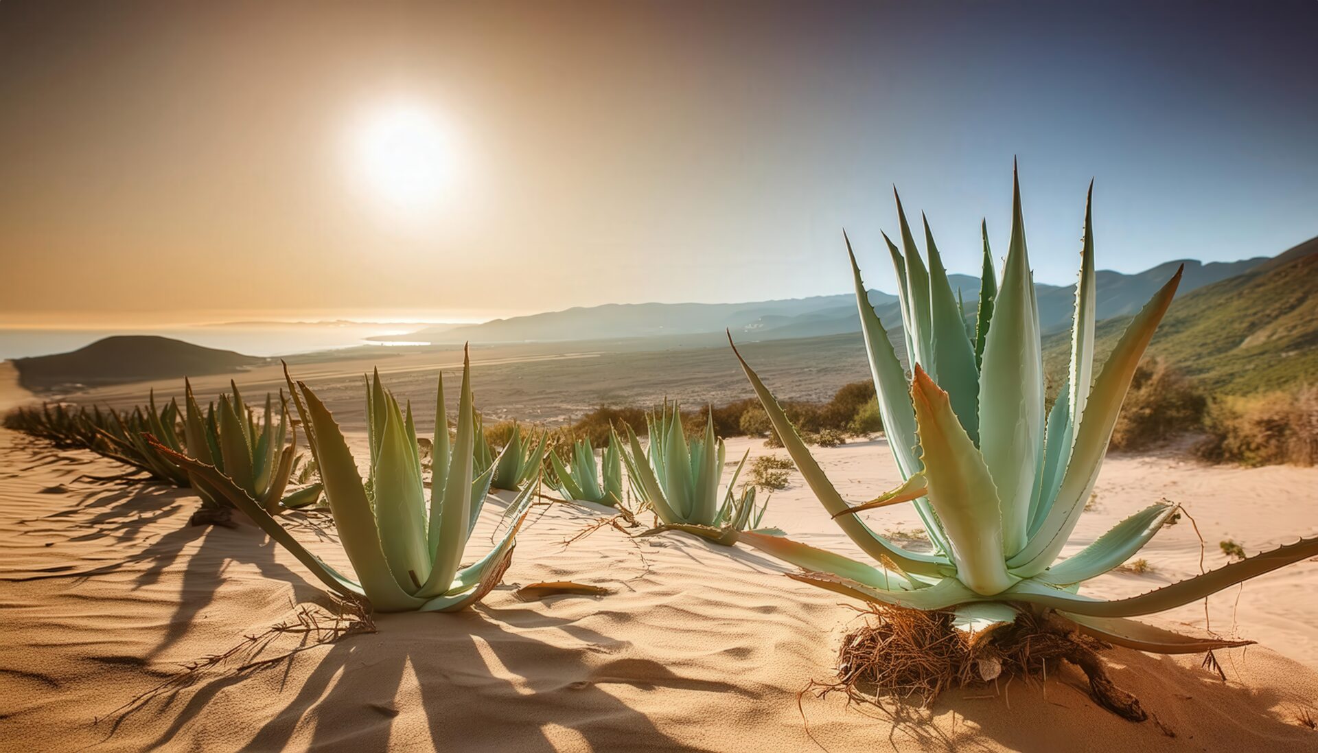 砂漠の斜面に連なるアガベ