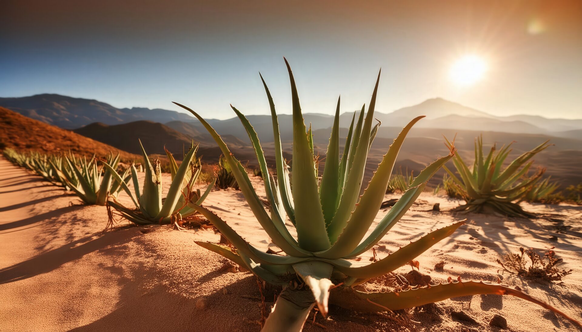 朝日を浴びるアガベ群