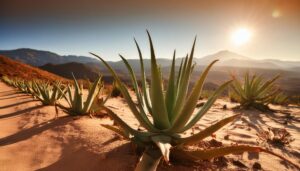 朝日を浴びるアガベ群