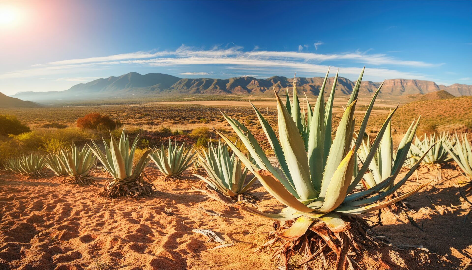 山並みと広がるアガベ畑