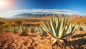 山並みと広がるアガベ畑