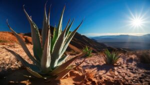 朝日に照らされるアガベ