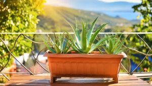 テラスに並ぶアガベの鉢植え