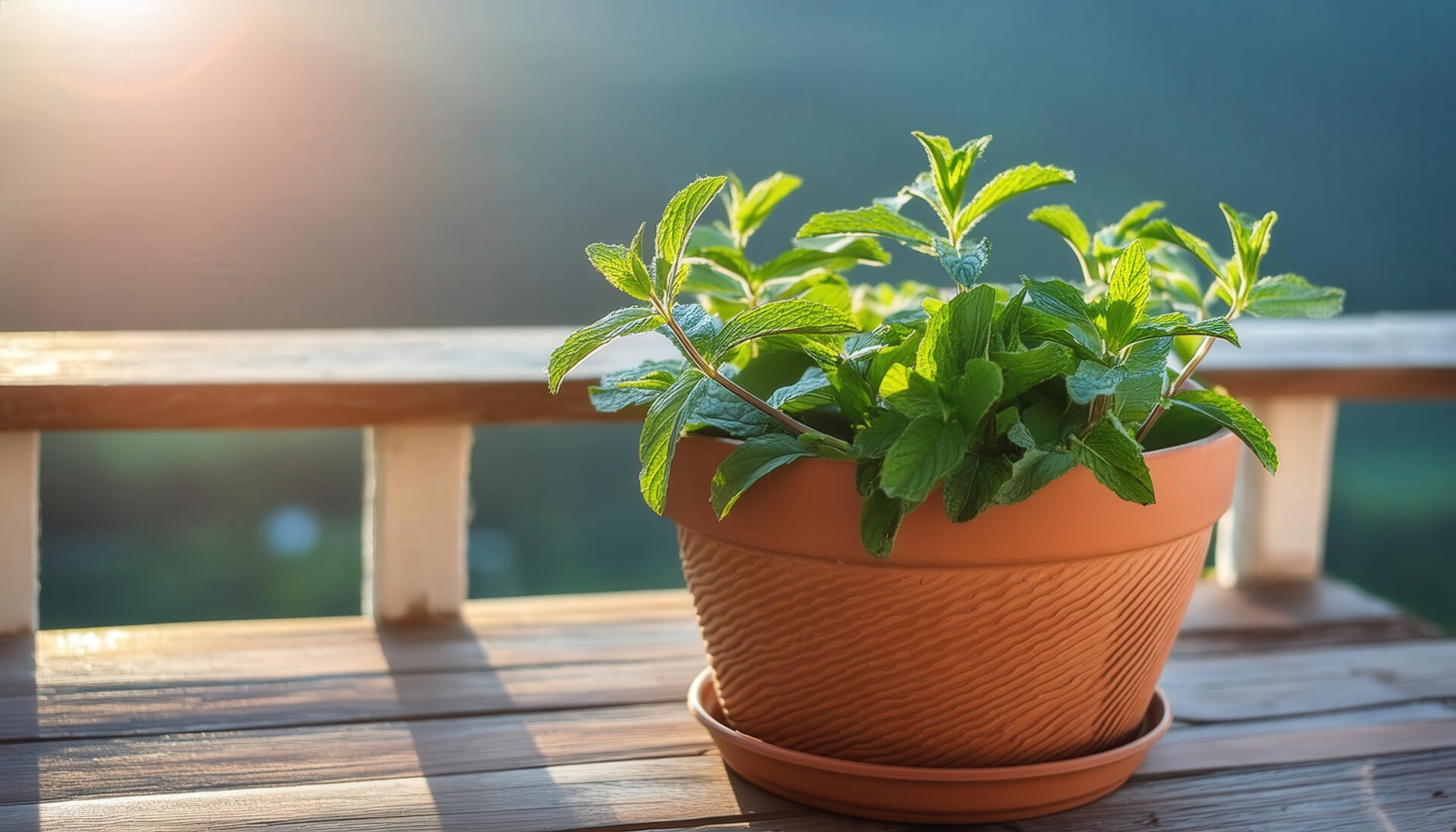 朝日の当たるミント鉢植え