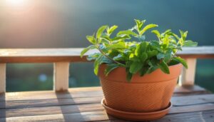 朝日の当たるミント鉢植え