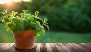 緑に囲まれたミント鉢植え