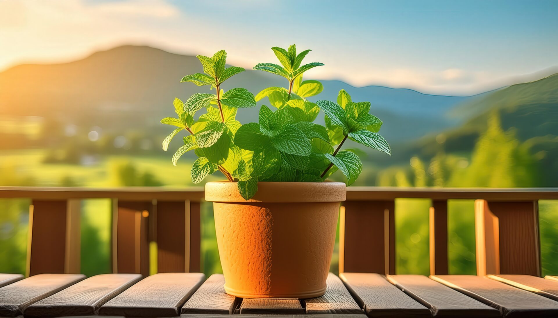 田園風景とミント鉢植え