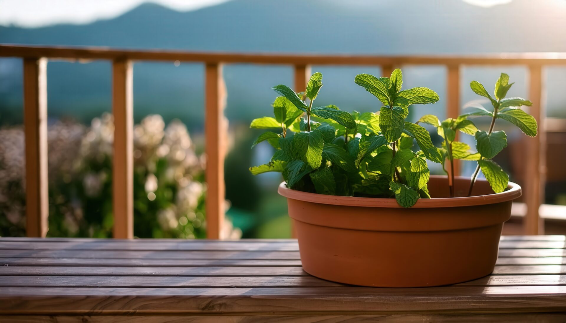 バルコニーのミント鉢植え