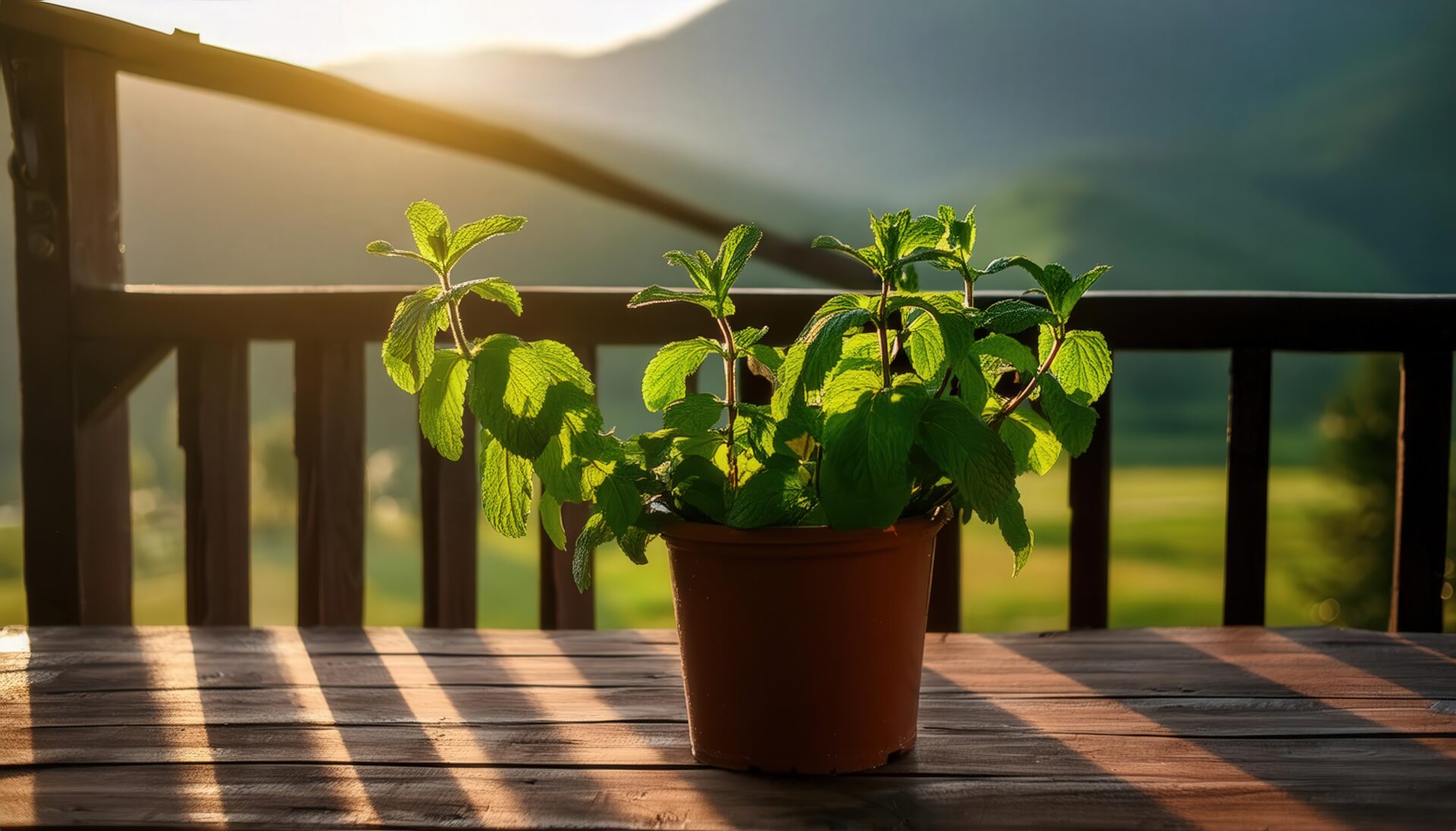 夕方のミント鉢植え