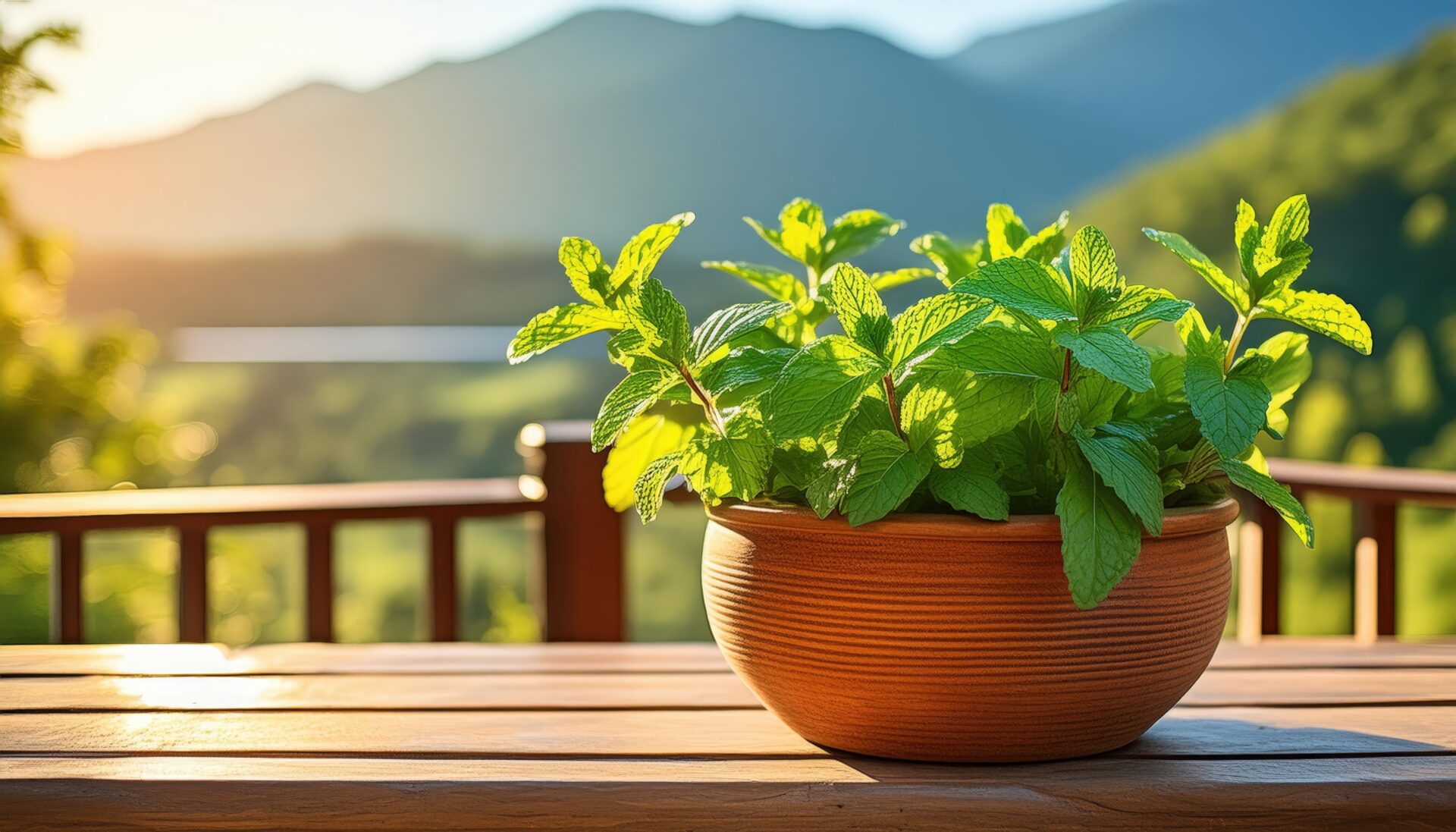 山の景色を背景に木製テラスのミント鉢植え