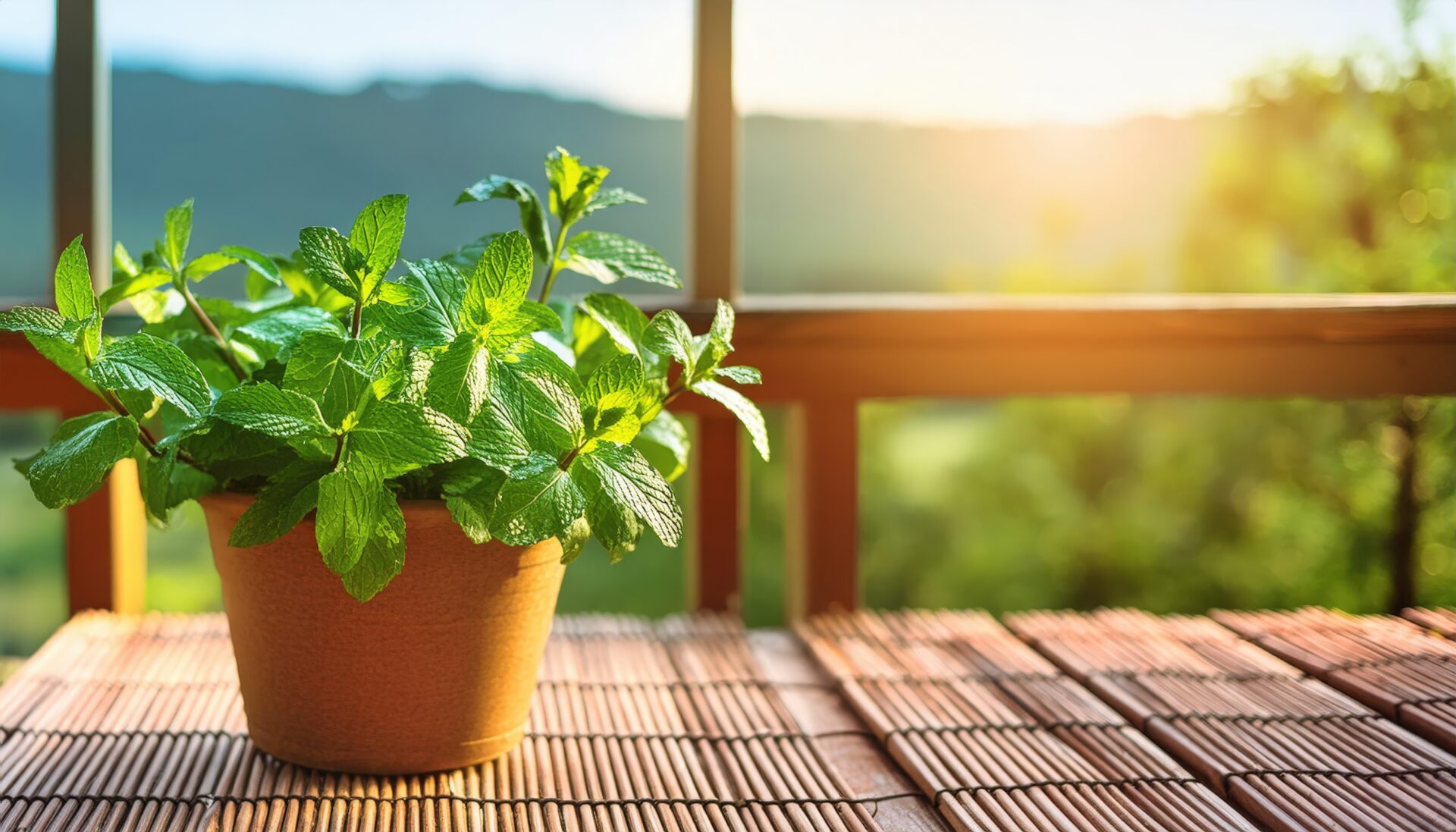 竹マットの上のテラコッタ鉢で育てるミント