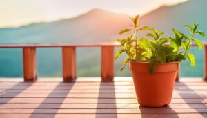 夕暮れの山を背景にしたウッドデッキのミント鉢