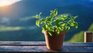 山の風景を背景にした木製テーブルのミント