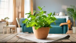 リビングルームのテーブルに置かれたミント鉢