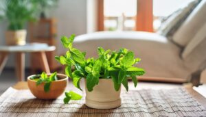 和風テーブルに置かれたミントの植木鉢と小鉢