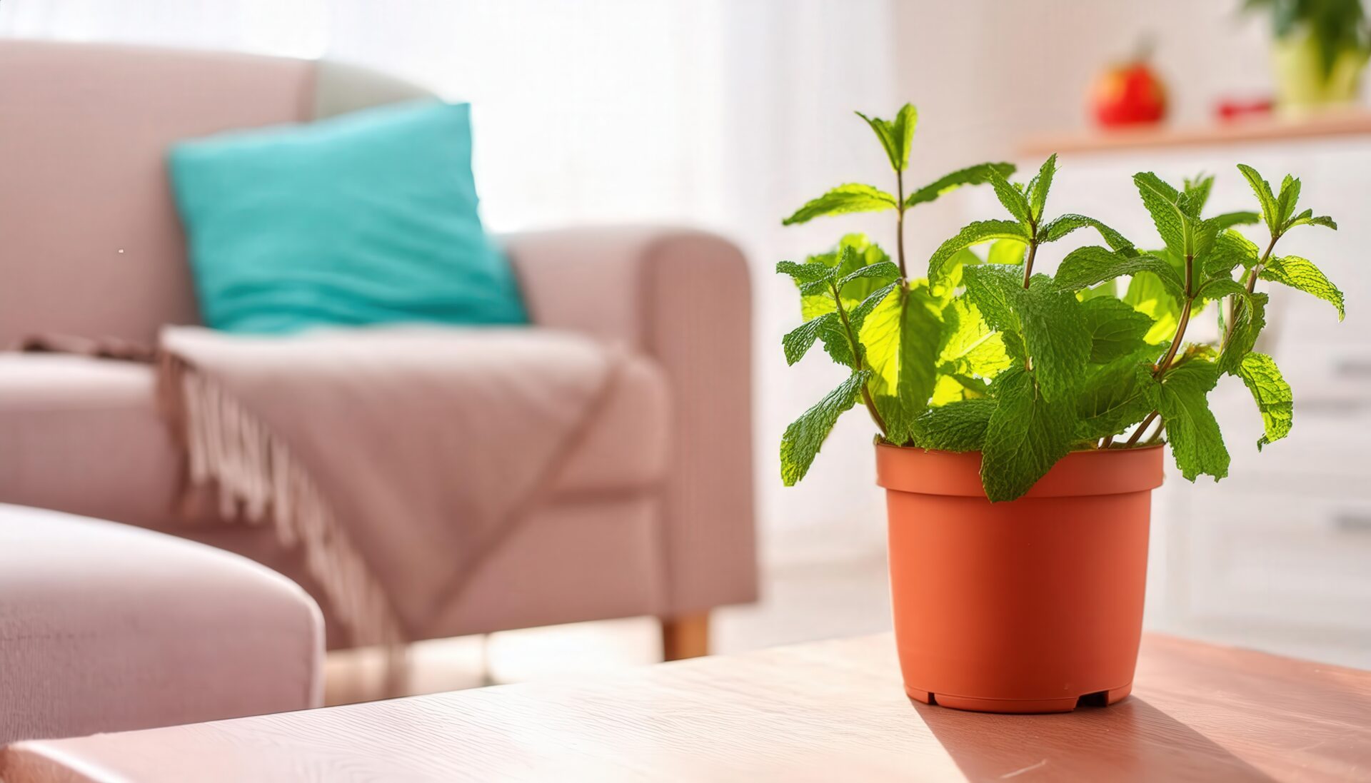 リビングルームに置かれたミント鉢植え