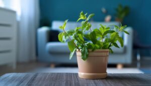 ベージュポットに植えられた新鮮なミント