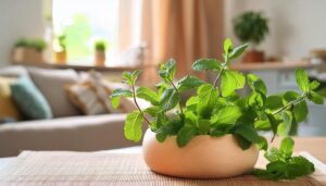 和風テーブルに置かれた平たい鉢のミント