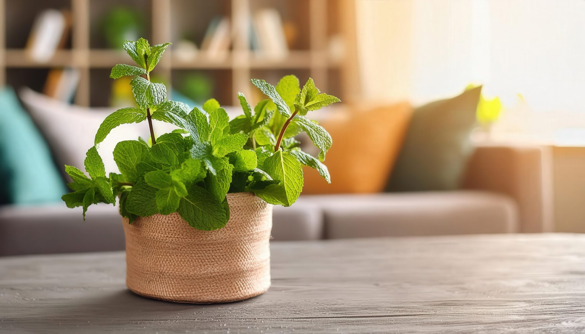 ナチュラル素材のポットに植えられたミント