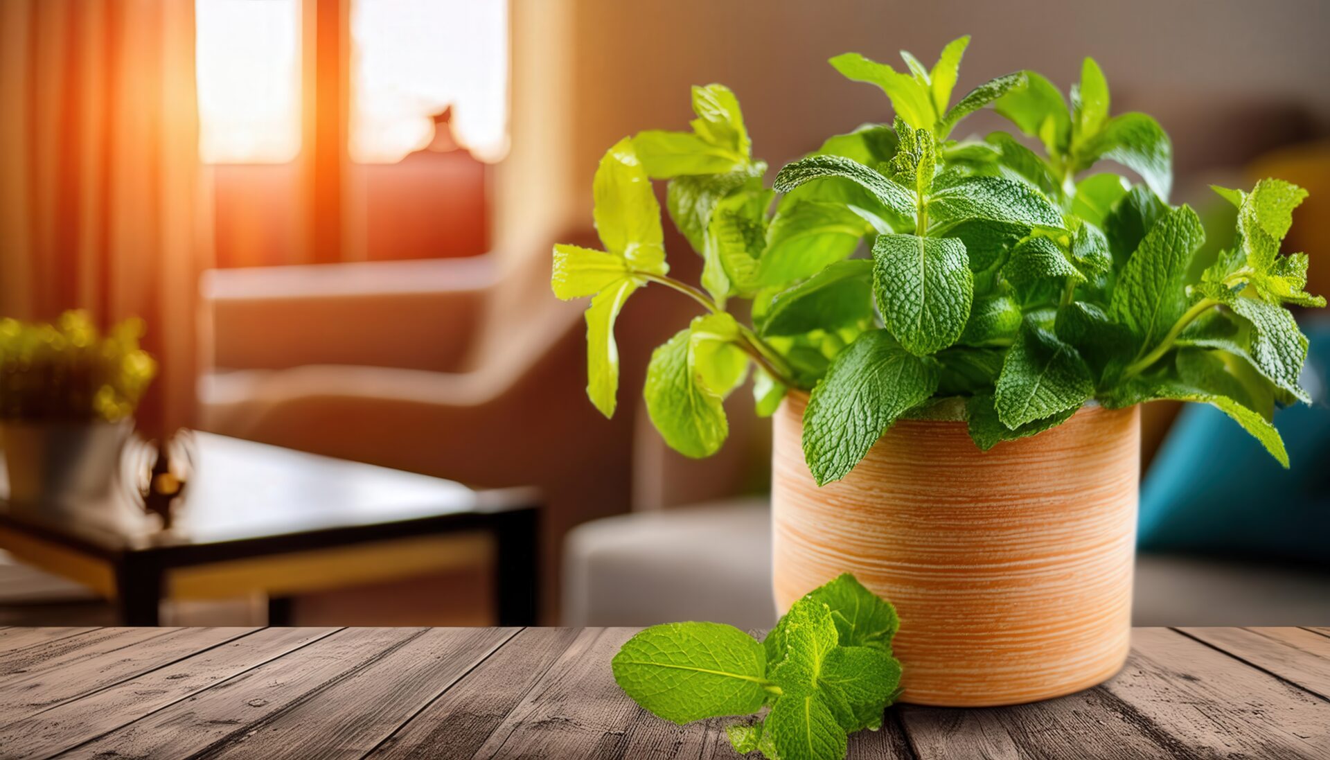 木目調ポットに植えられた陽光の当たるミント