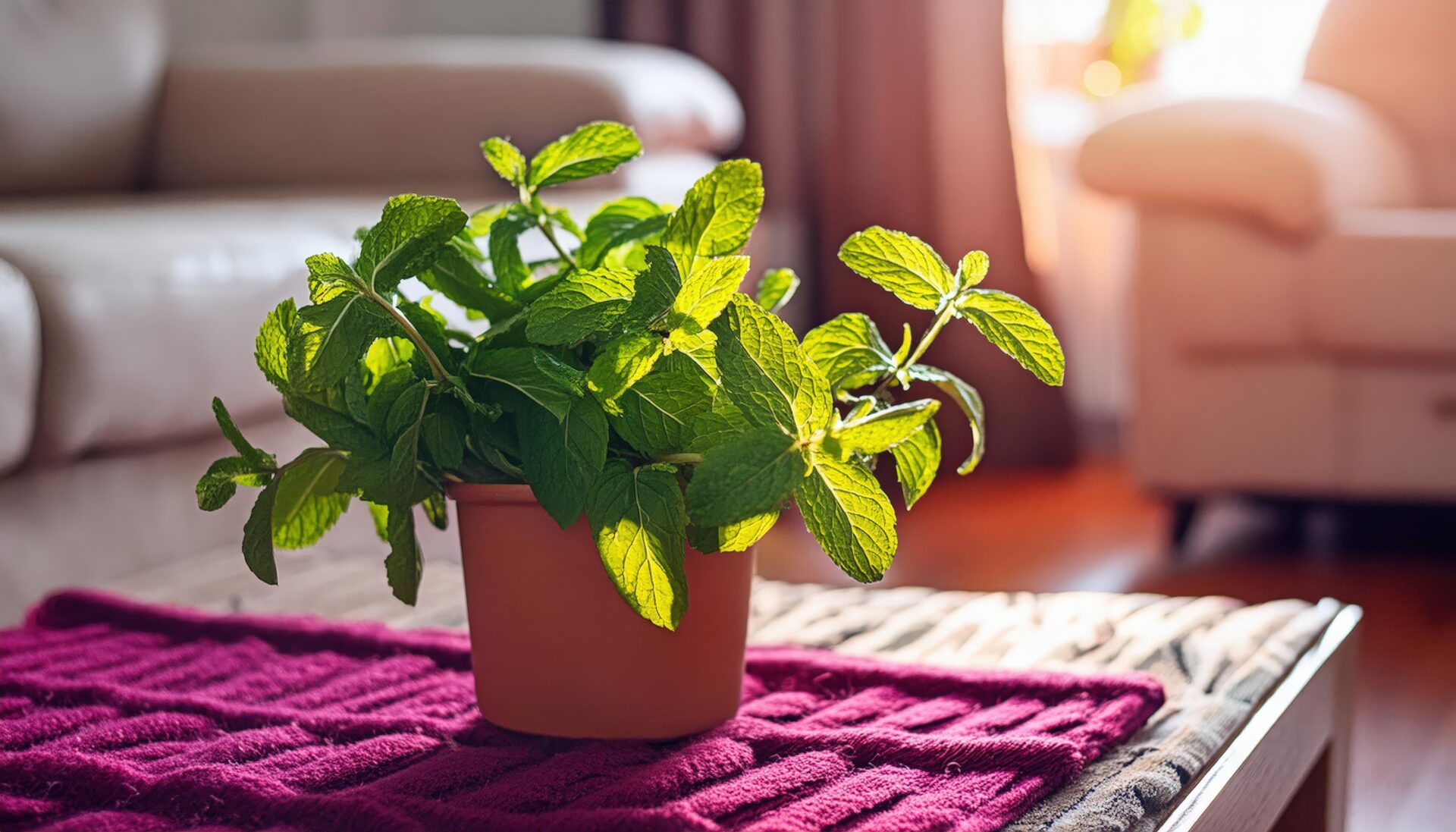 マゼンタマットの上のテラコッタポットのミント