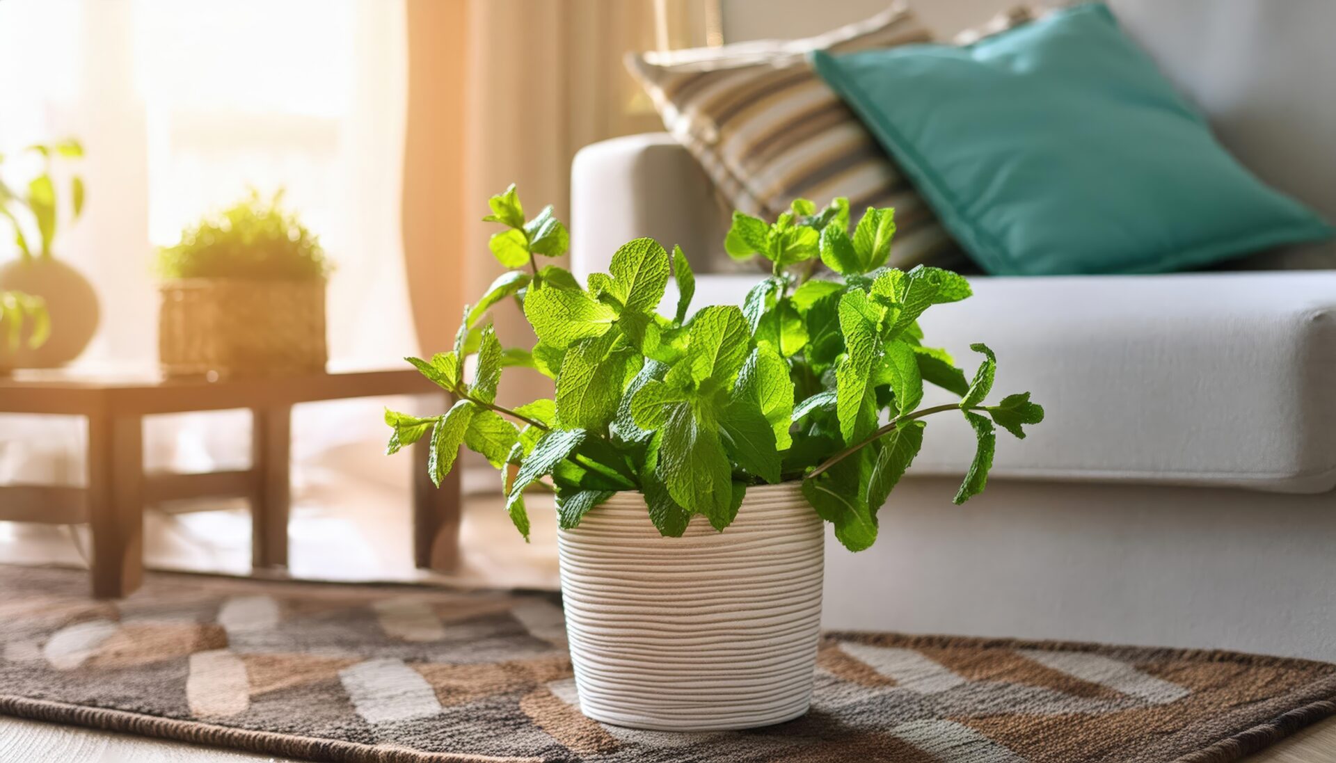 リビングルームのポットに植えられたフレッシュなミント