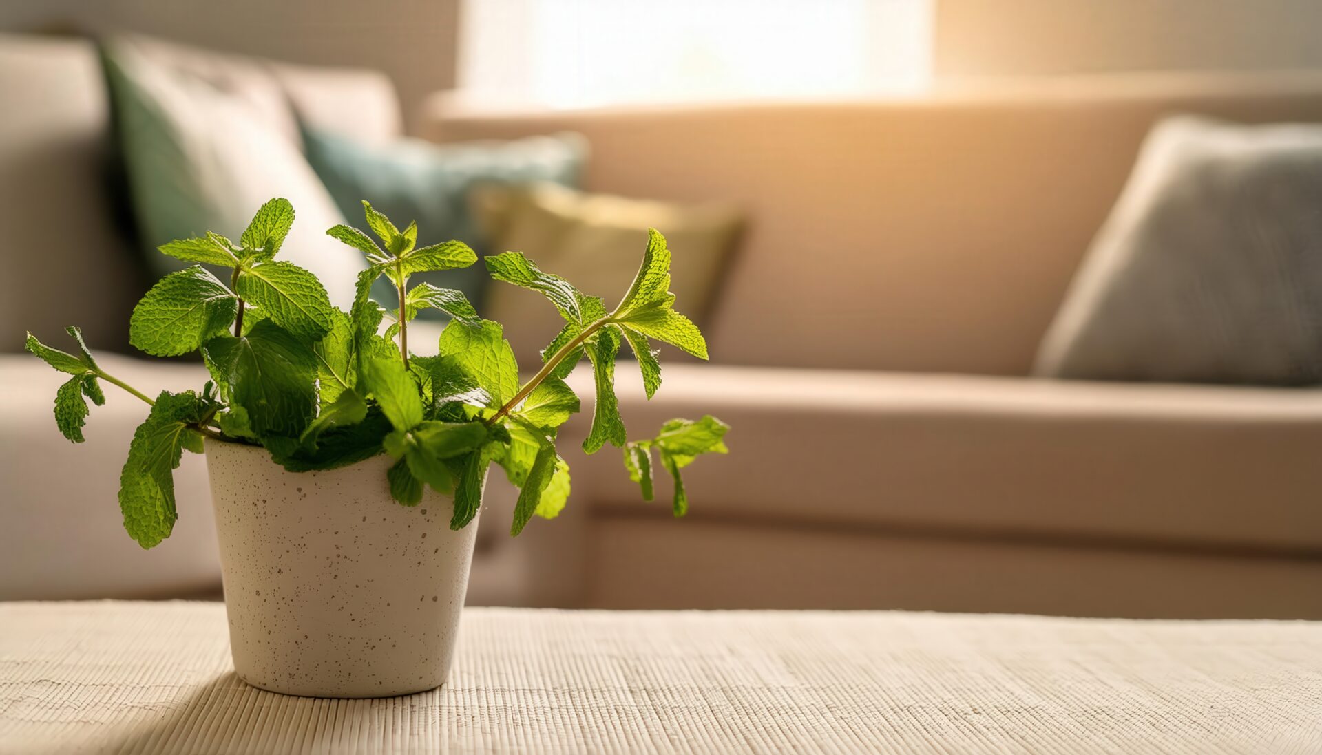 リビングソファ周辺の白いスポット入りポットのミント